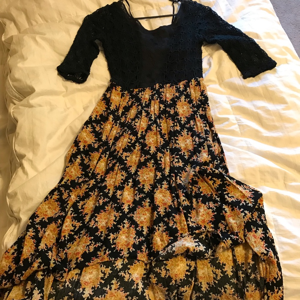 Black lace and yellow floral high low dress